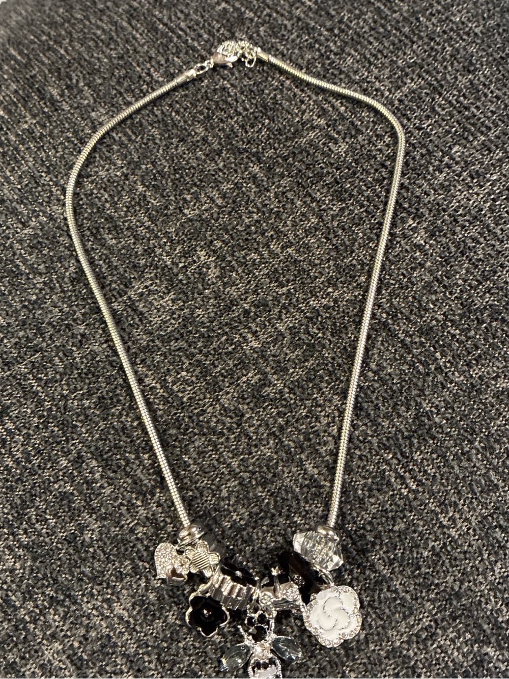 Silver-tone Floral Charm Necklace with Black and White Accents